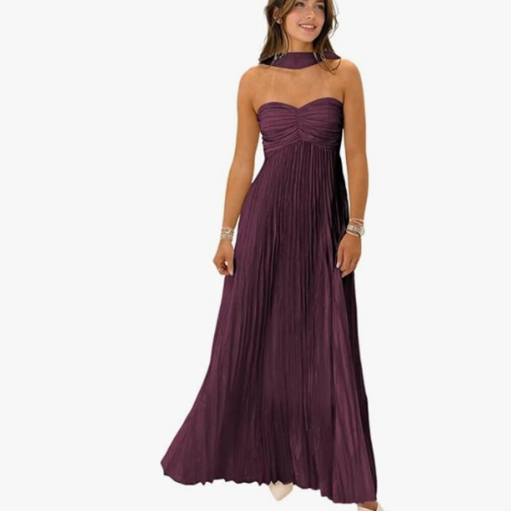 Plum Chiffon Long Strapless Maxi Formal Dress with Scarf NEW
